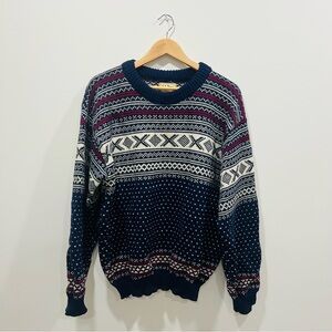 LL Bean Norwegian 100% Pure Wool Sweater VTG 1980  Xmas Large Fair Isle Blue Red
